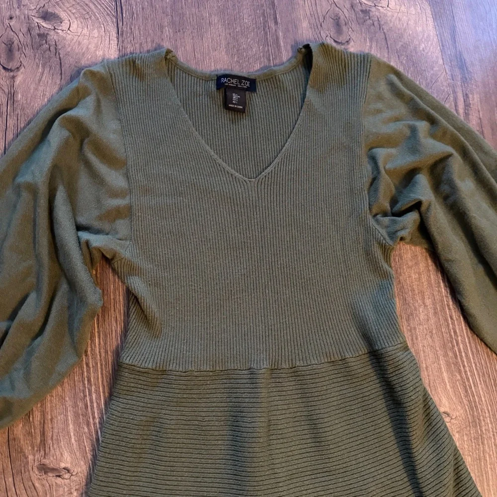 Rachel Zoe Sweater Dress Olive Green Ribbed Balloon Sleeve Chic Women Large‎ L